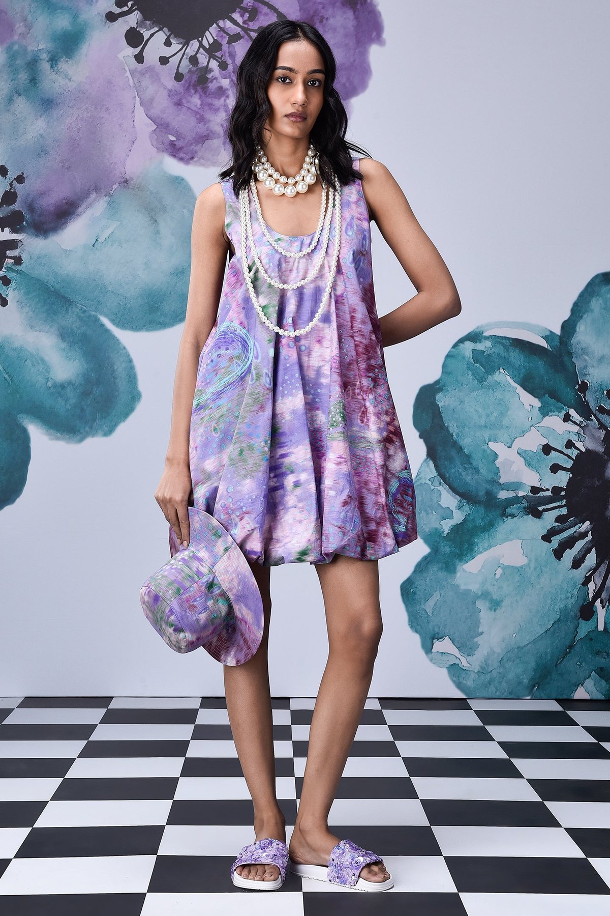 Lavender Abstract Print Mini Balloon Dress in Giza Cotton