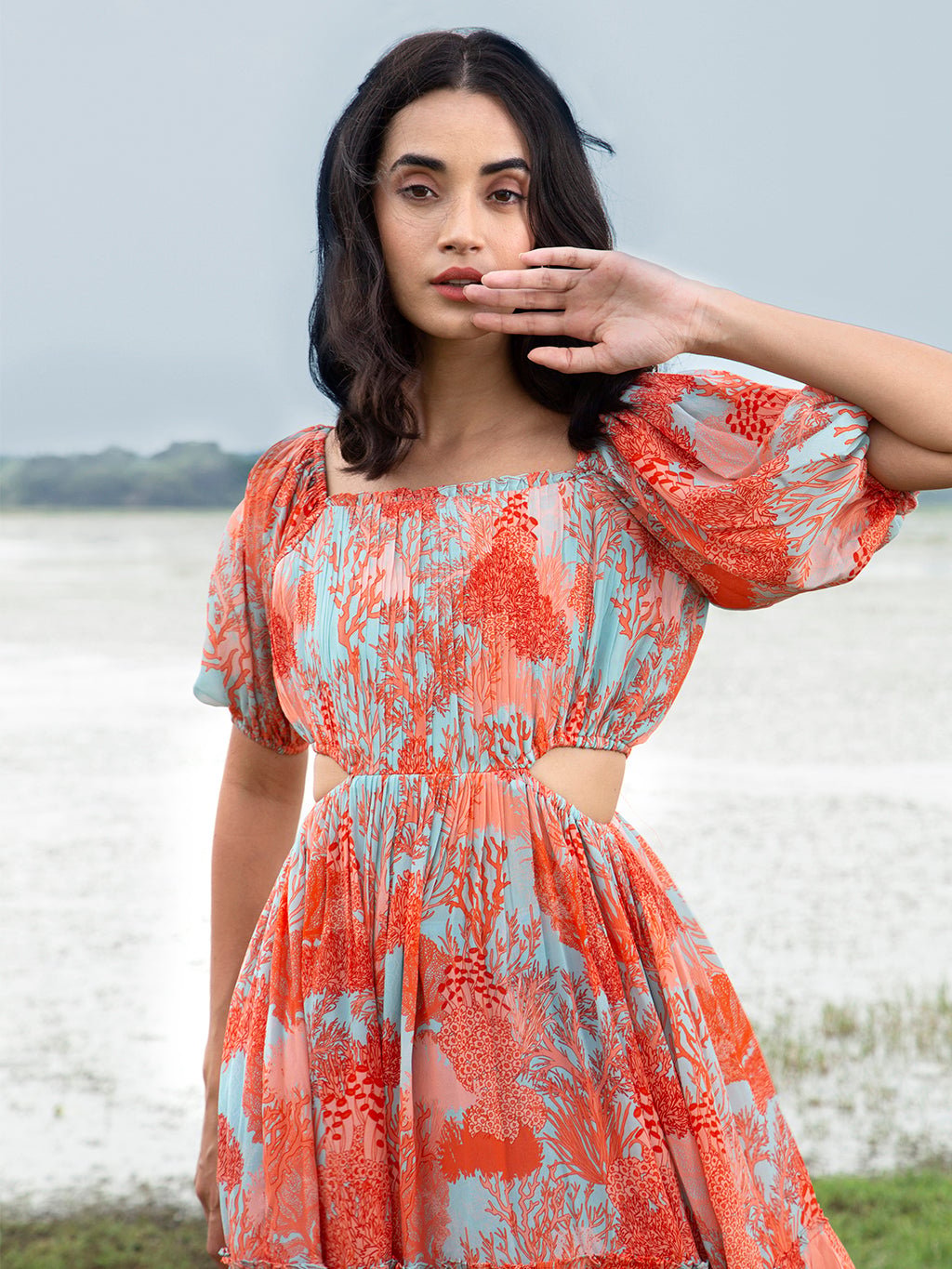 Multicolour Printed Fit and Flare Midi Dress with Cut-Outs