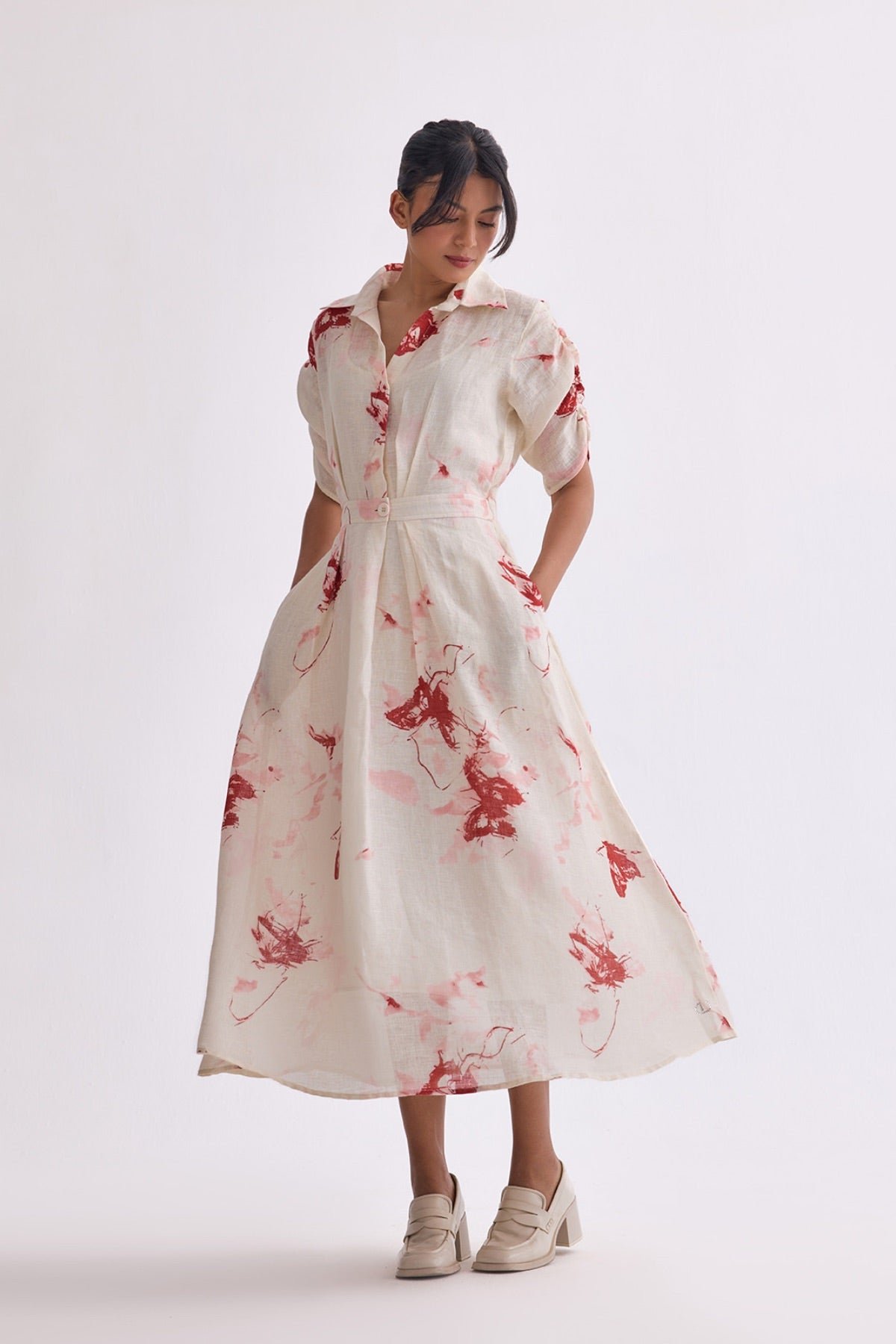 Butterfly Cream Abstract Print Midi Shirt Dress