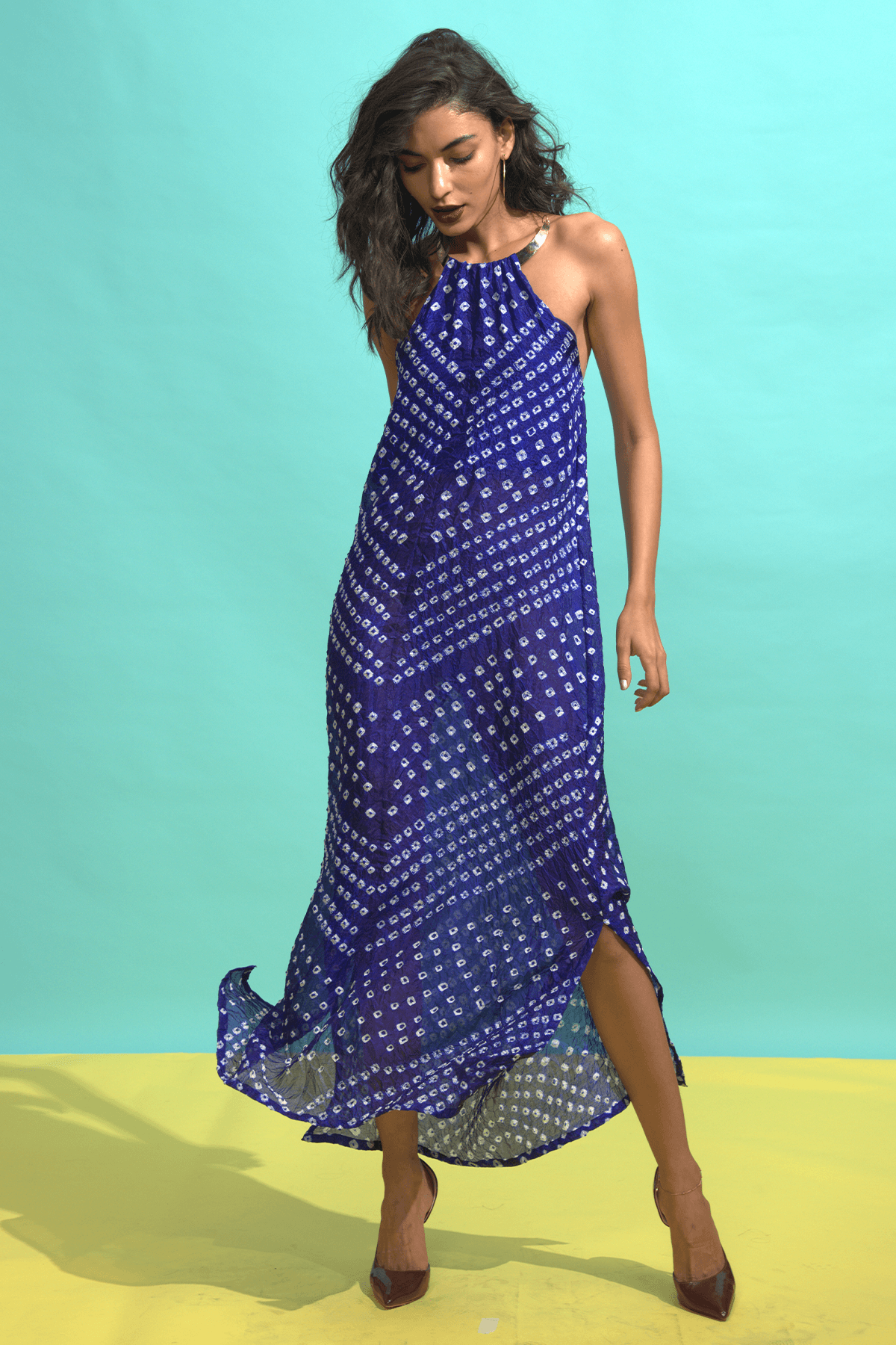 Royal Blue Bandhani Halter Maxi Dress with Metal Choker