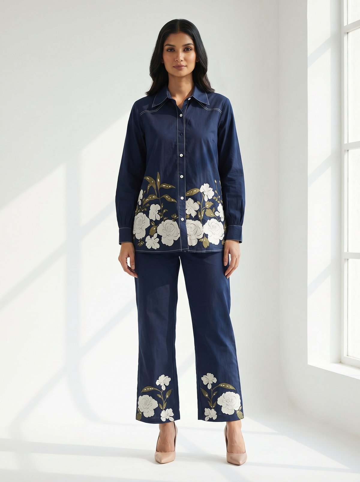 Navy Cotton Shirt and Wide-Leg Pants Co-ord Set