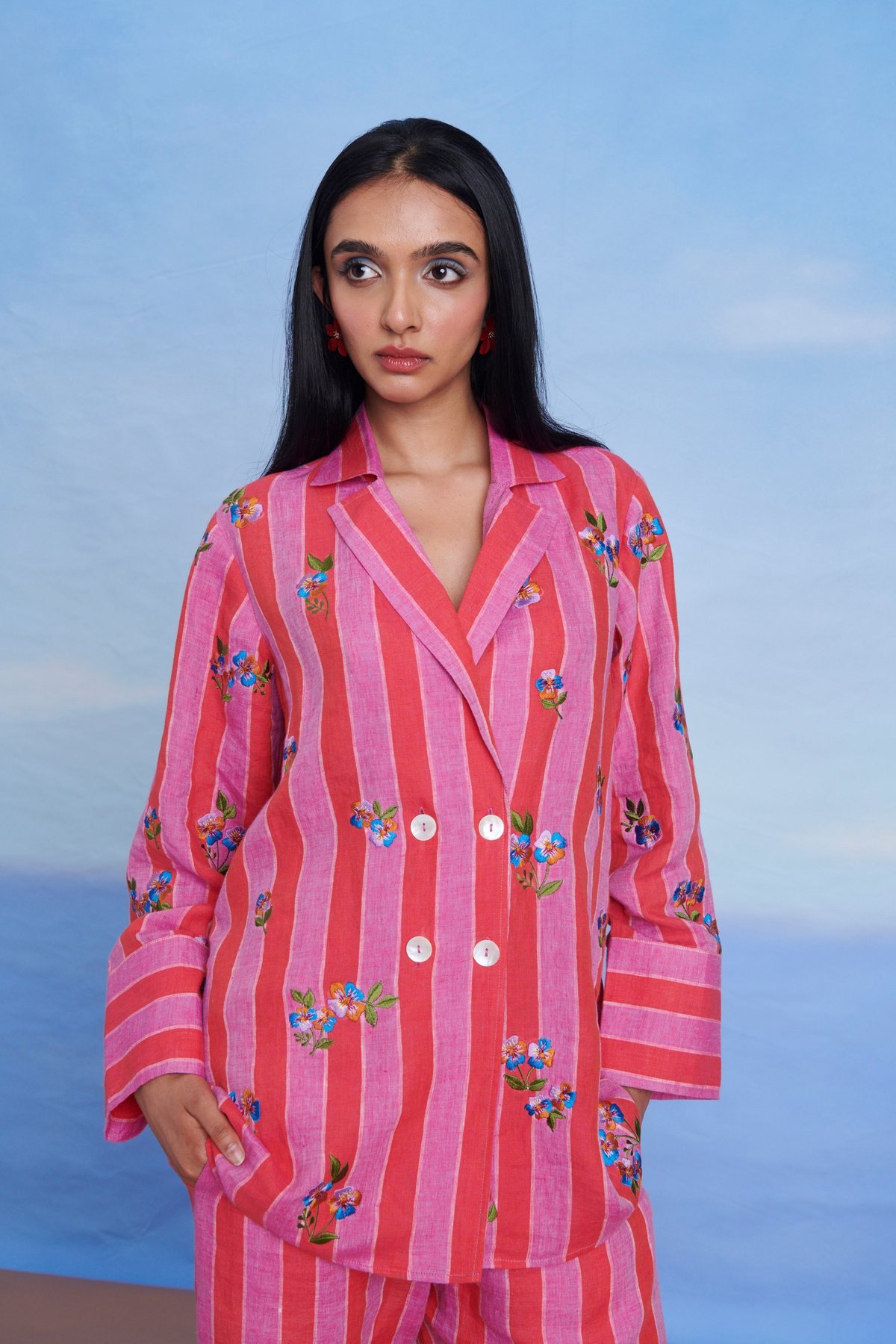 Pink Striped Embroidered Linen Co-ord Set