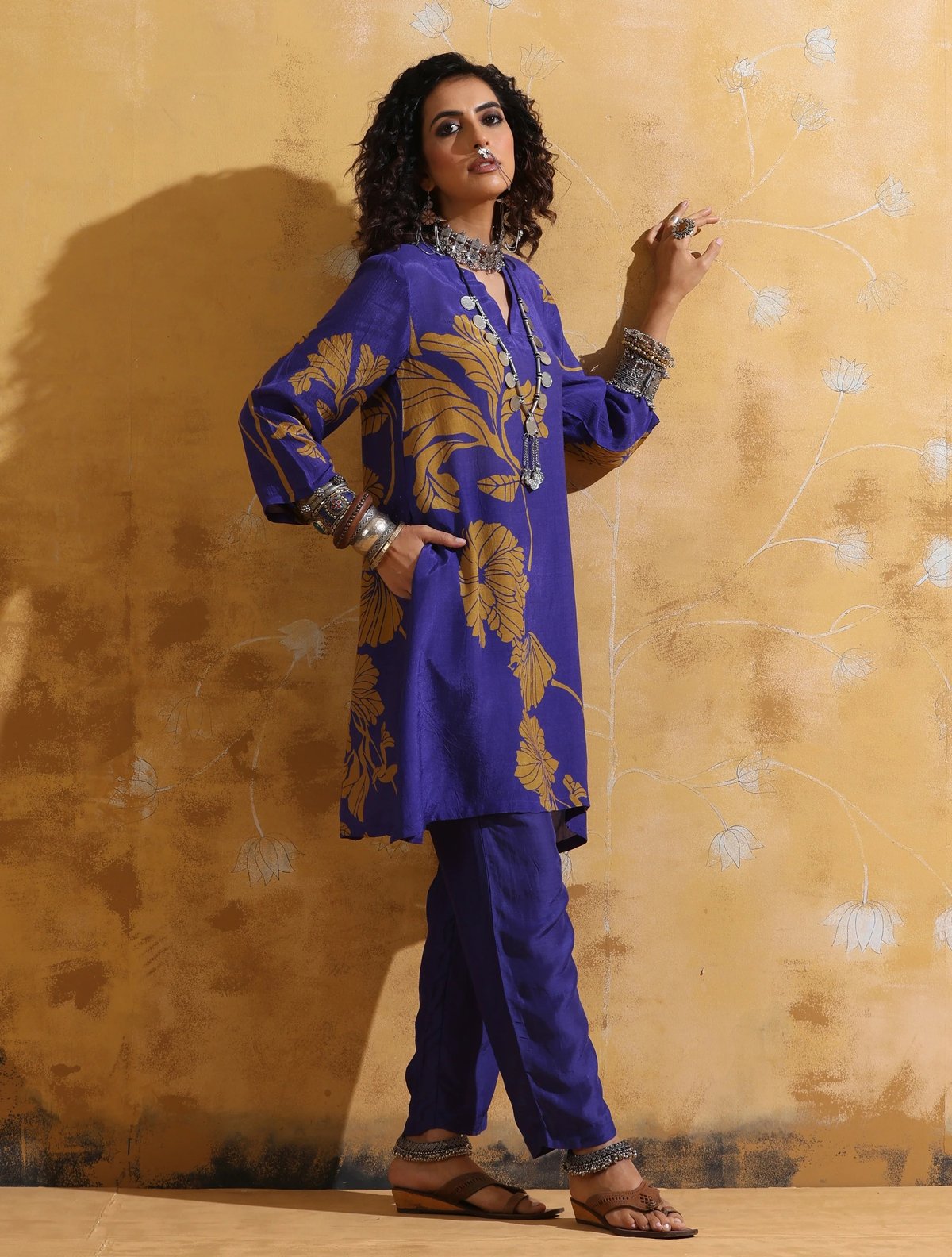 Purple Mustard Floral Print Muslin Silk A-line Kurta Co-ord Set