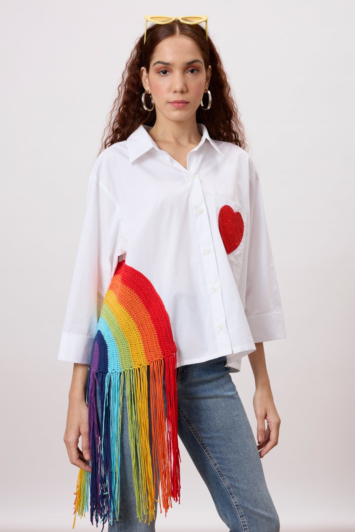 Bright White Boxy Cropped Shirt with Crochet Rainbow Fringe