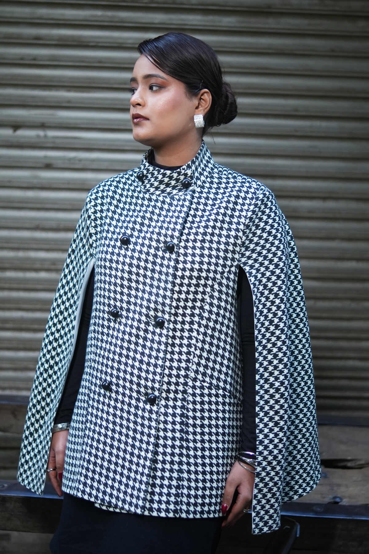 Black and White Houndstooth Merino Wool Cape Coat