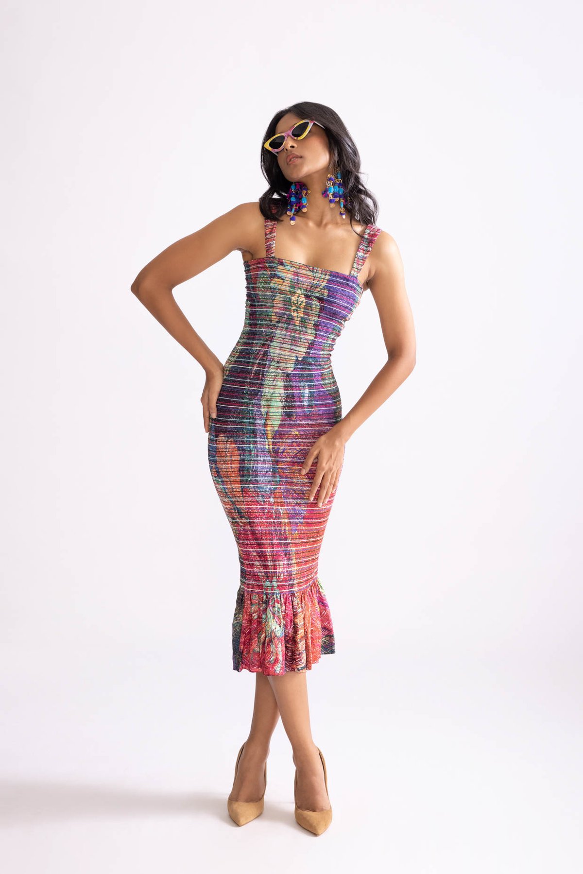 Multi Colour Daisy Print Ruched Bodycon Midi Dress