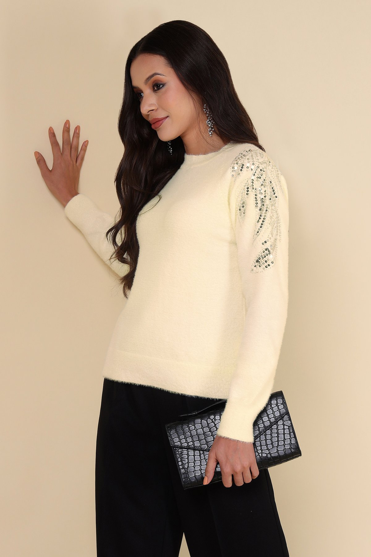 Ivory Sequin Sleeve Round Neck Pullover Sweater