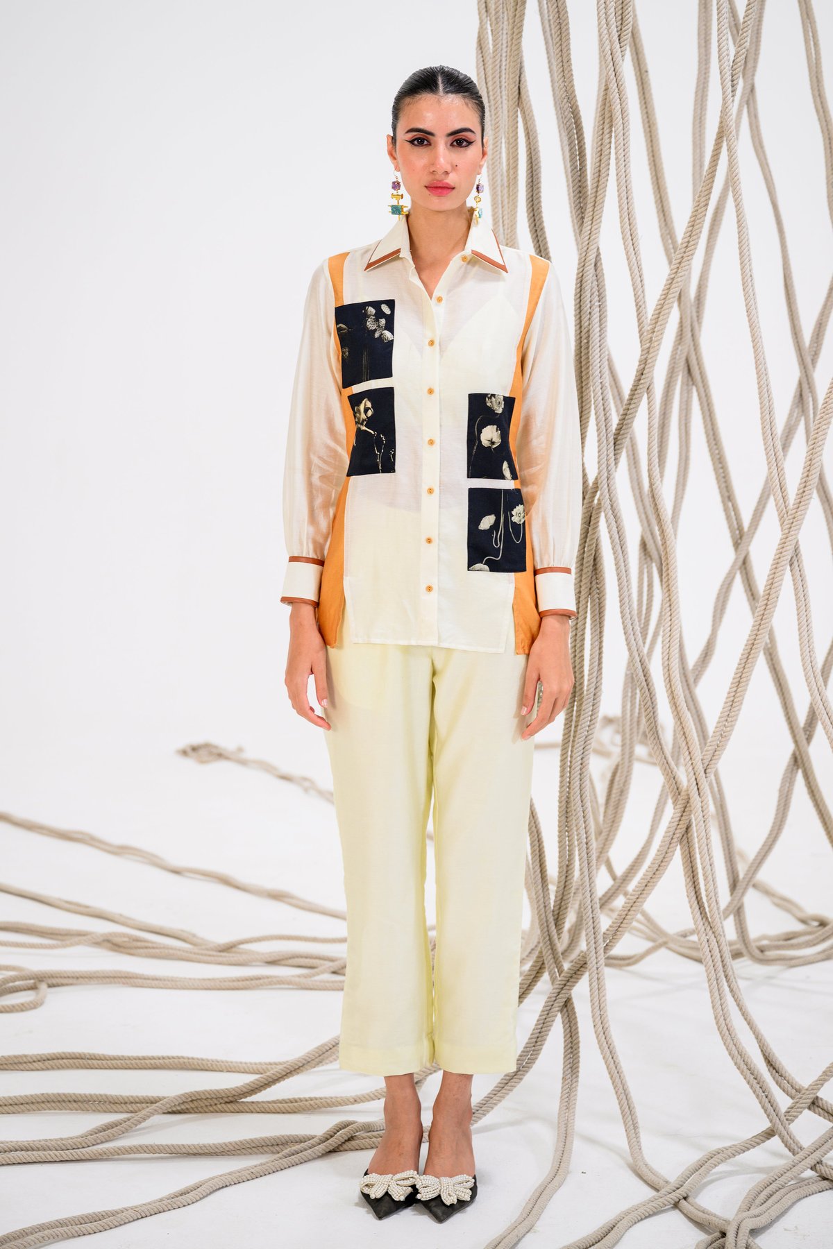Off White/Tan Colorblocked Chanderi Silk Shirt
