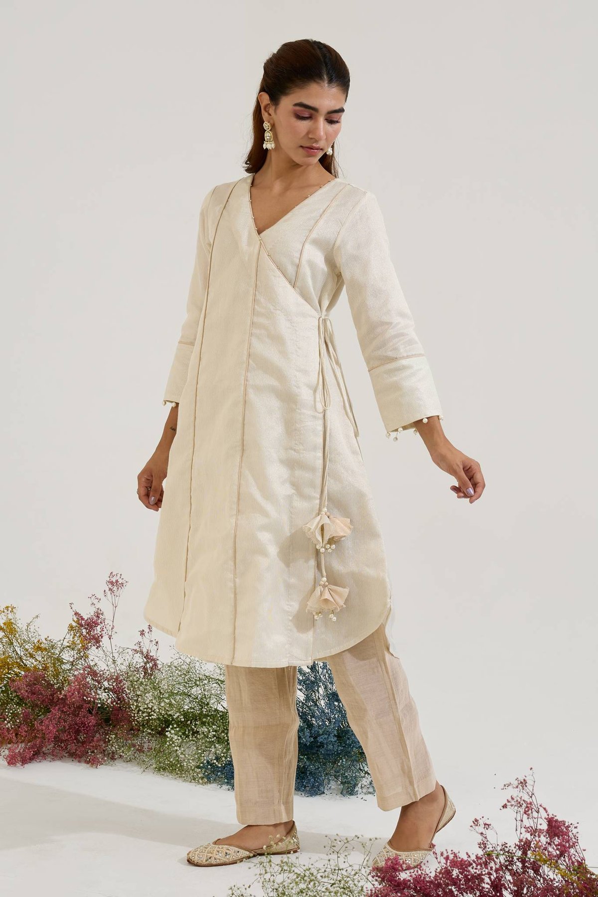 Pearl White Striped Angrakha Kurta and Pants Set