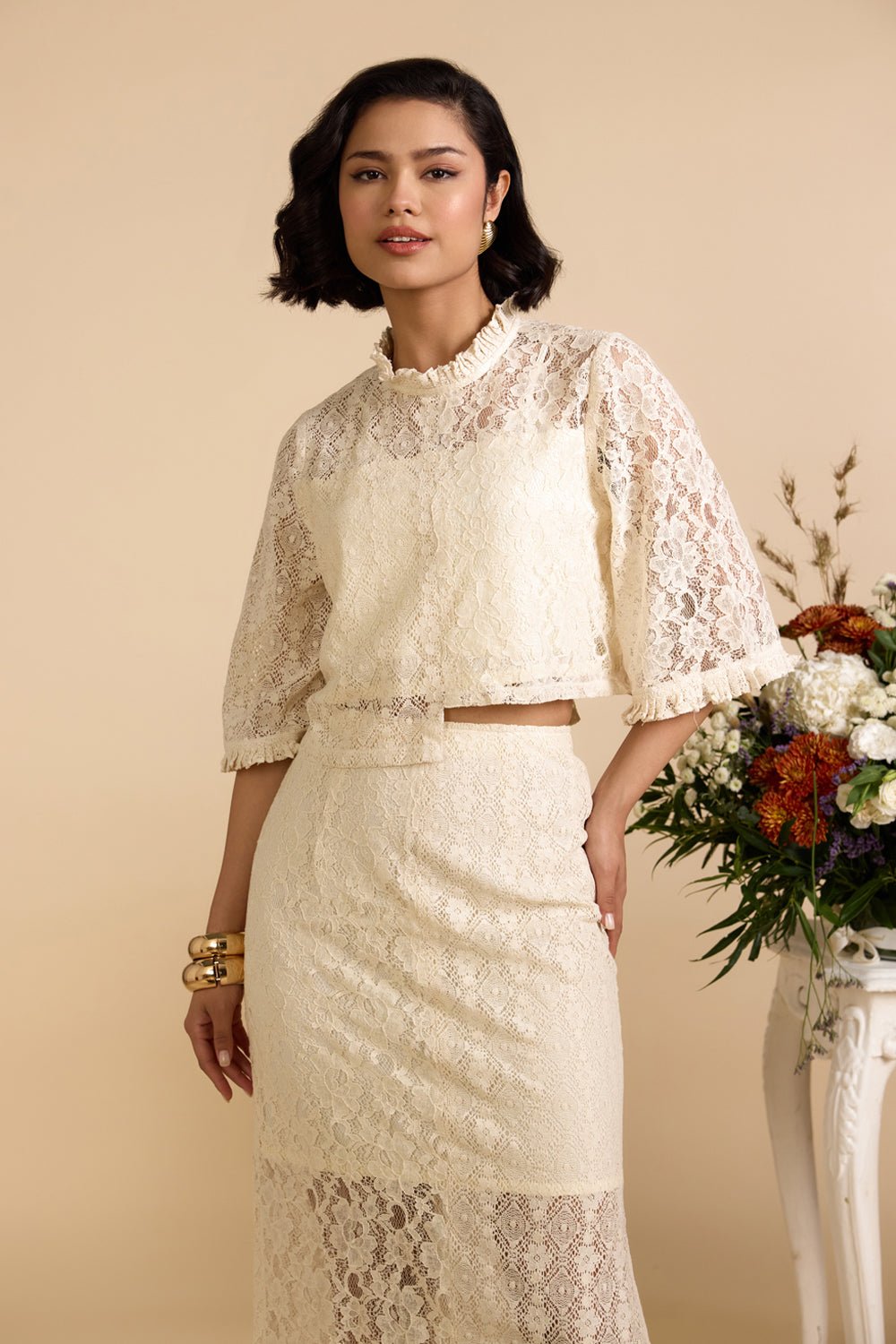 White Lace High-Neck Crop Top with 3/4 Sleeves