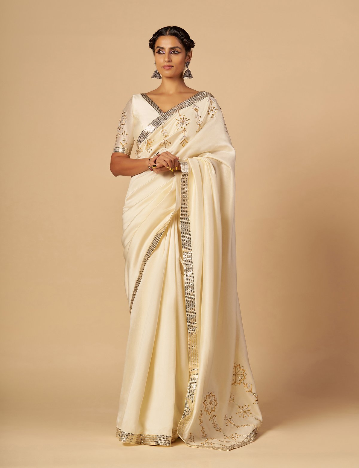Off White Chanderi Saree with Gold Embellished Border