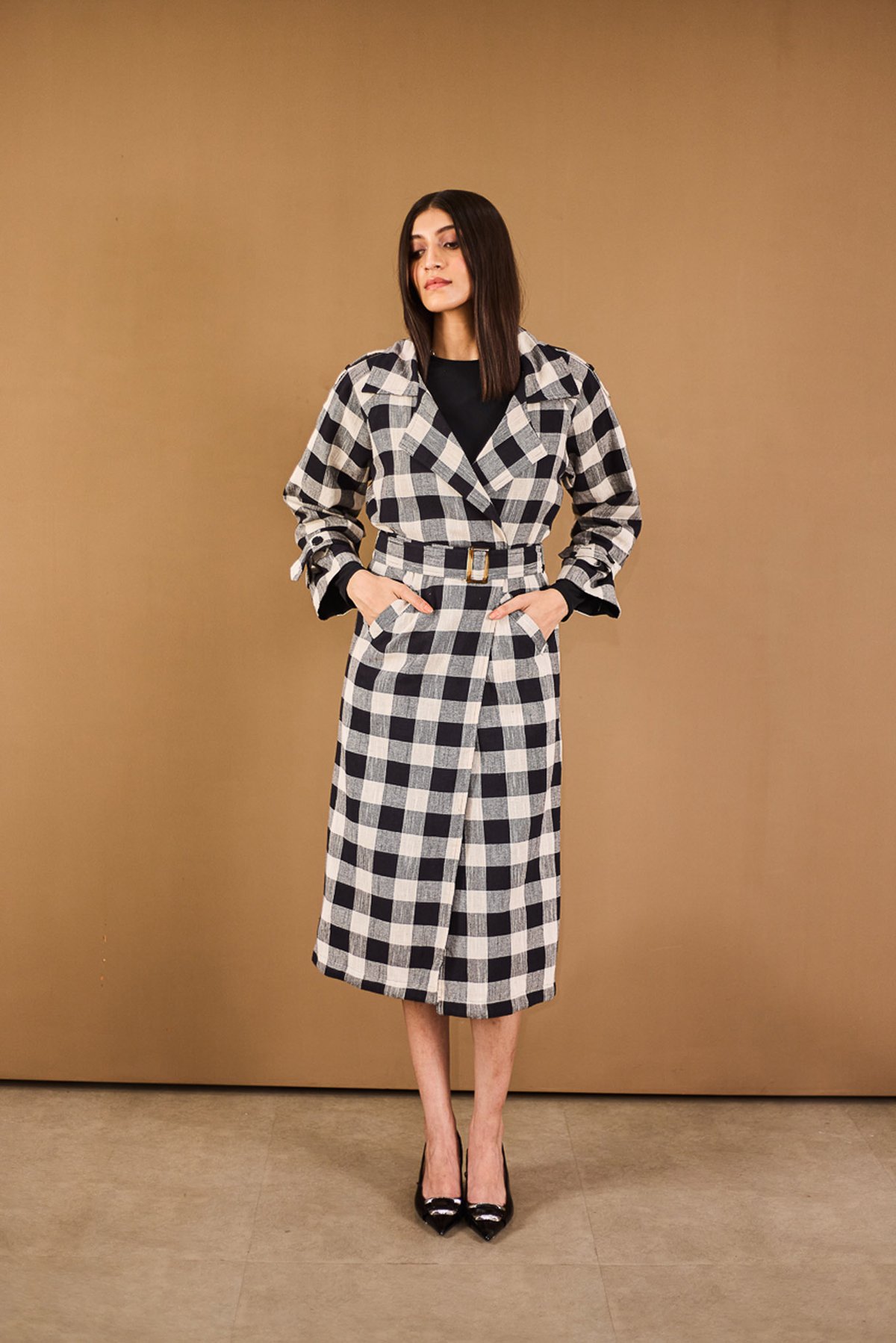 Black White Grey Checked Belted Trench Coat