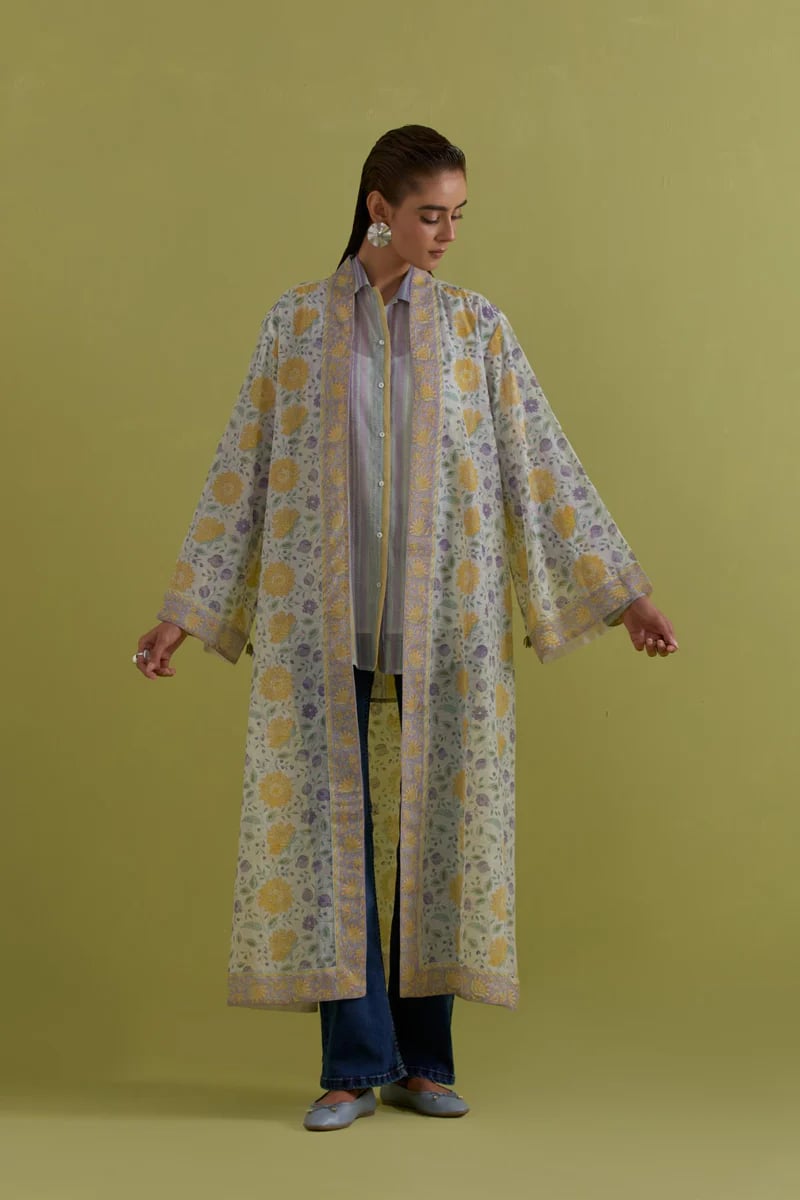 Off White Hand Block Printed Long Over Lay
