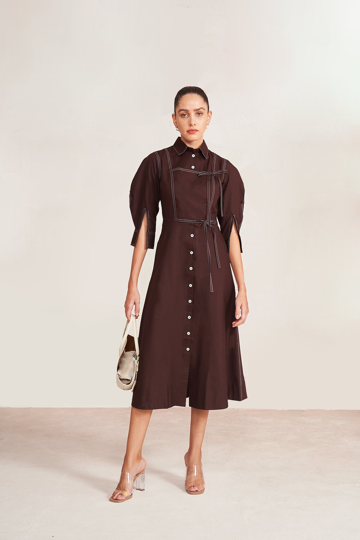 Chocolate Brown Cotton Poplin Midi Shirt Dress