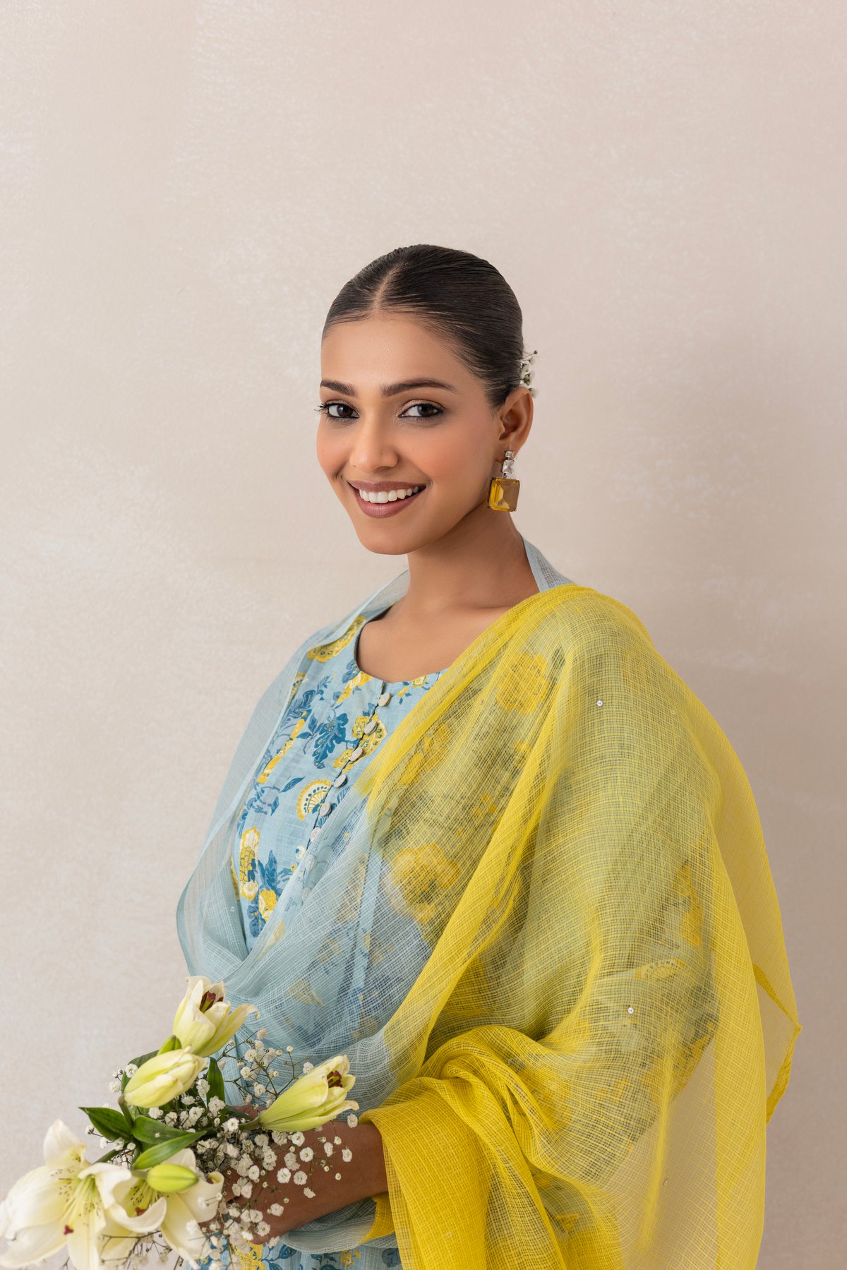 Cotton Slub Hand Printed Floral Jaal Kurta Set