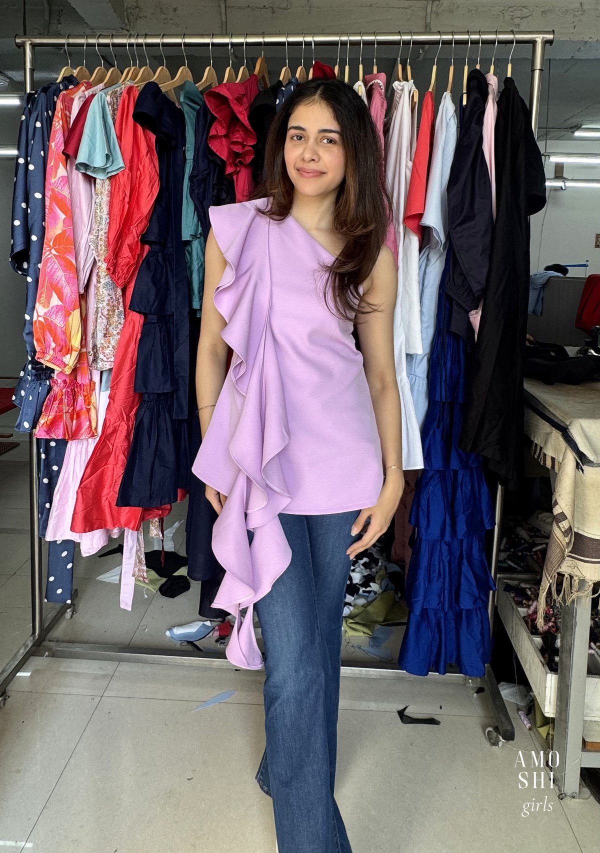 Lilac One-Shoulder Cascade Ruffle Crepe Top