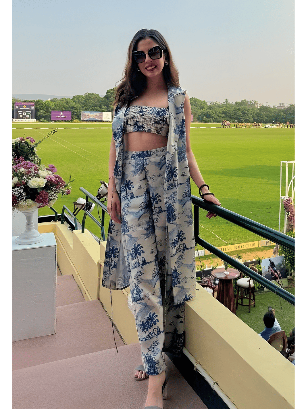 Blue Toile Print Smocked Bandeau Crop Top