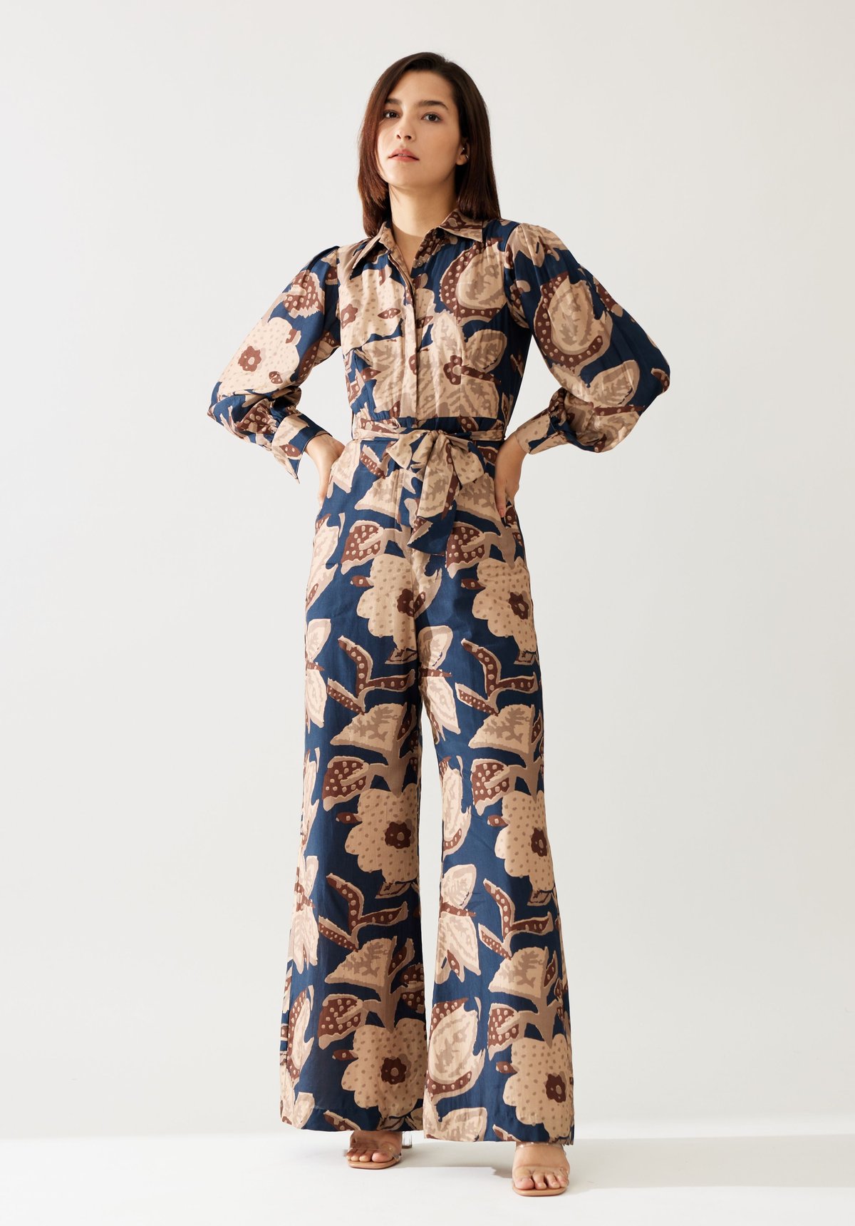 Dark Blue And Beige Floral Jumpsuit