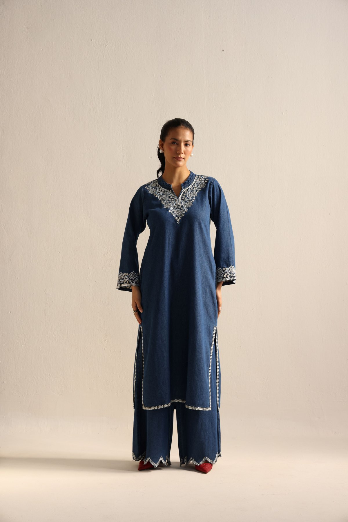 Blue Denim Embroidered Kurta and Wide-Leg Pants Co-ord Set