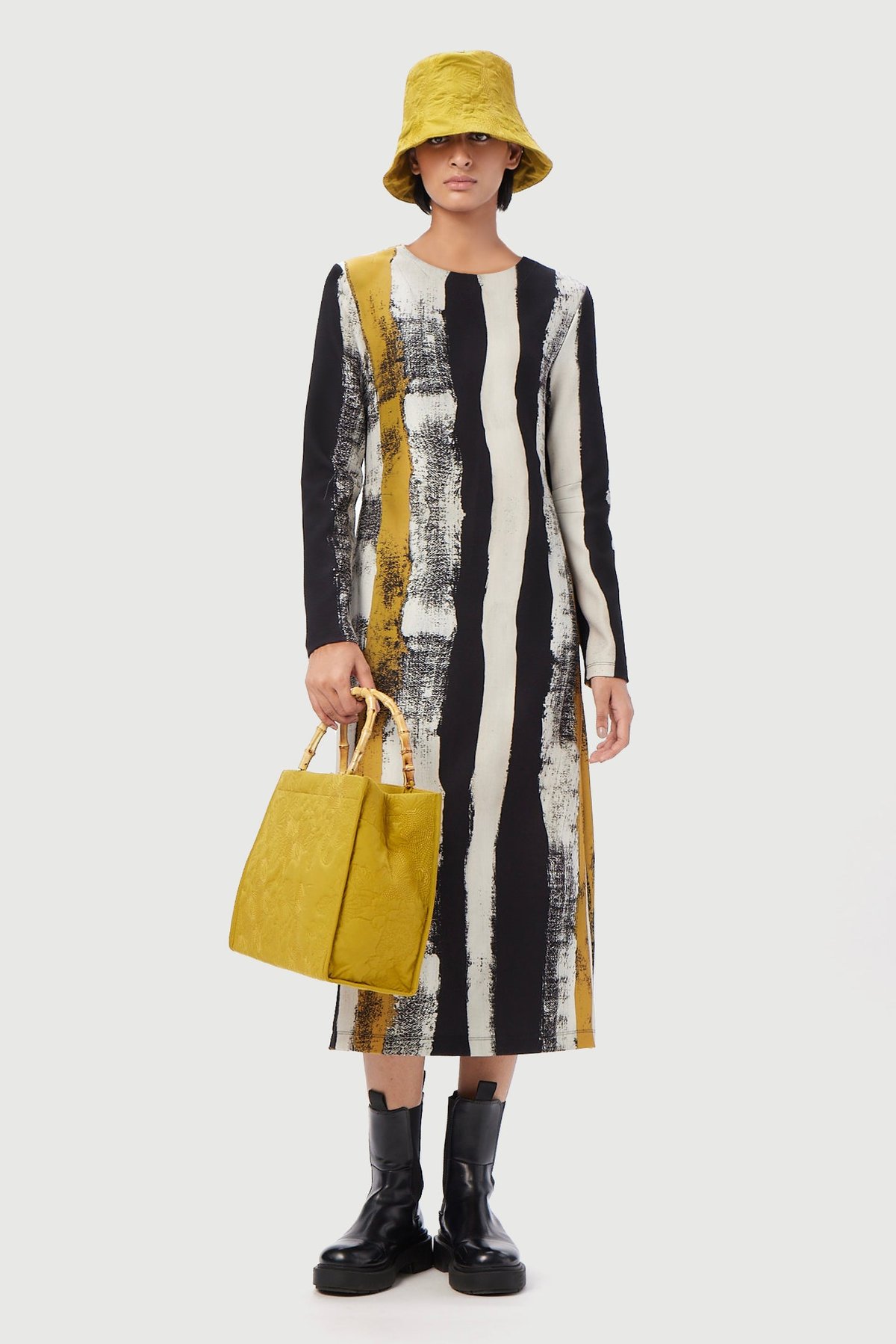 Striped Slim Fit High Neck Midi Dress