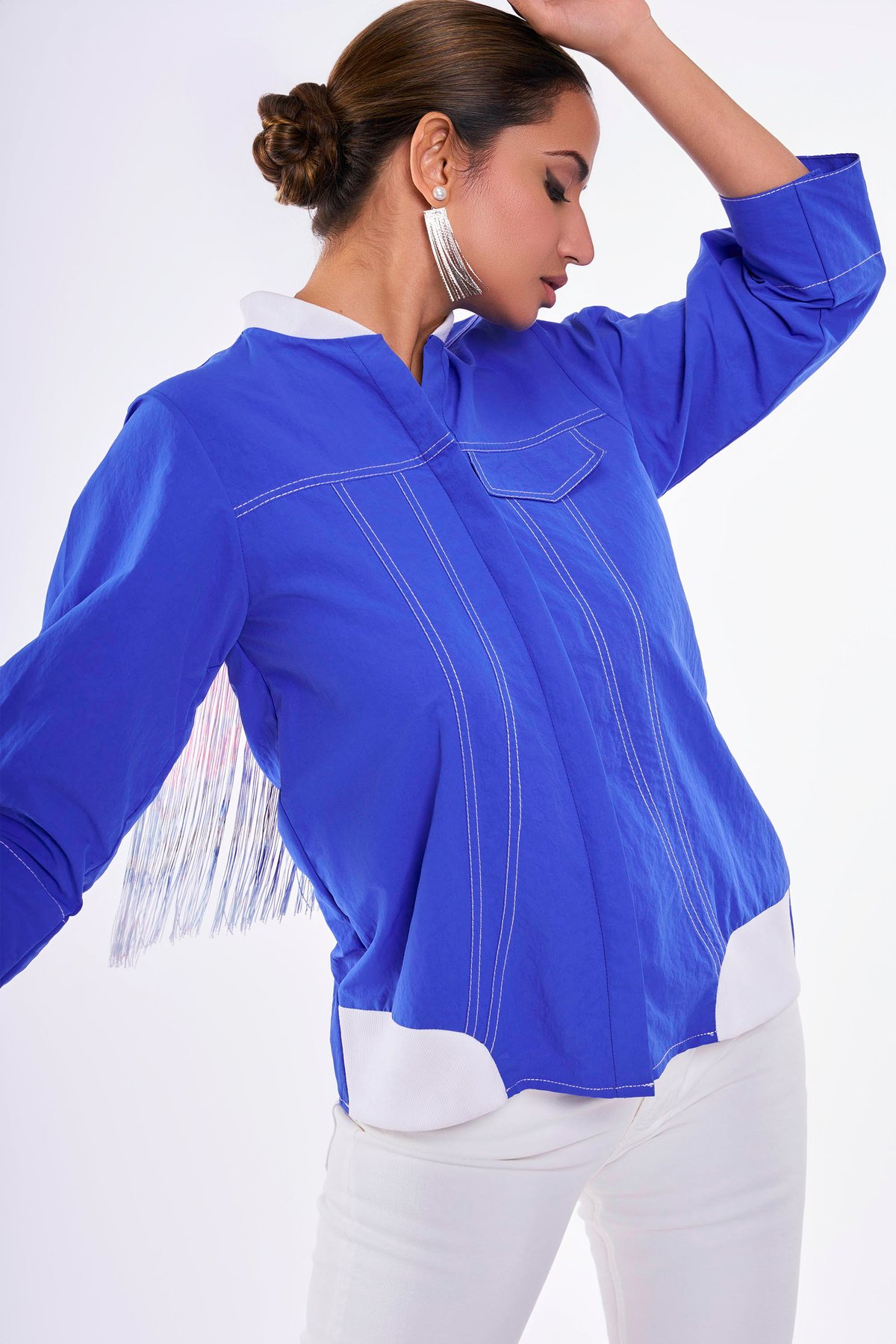 Cobalt Blue Mandarin Collar Fringe-Back Shirt