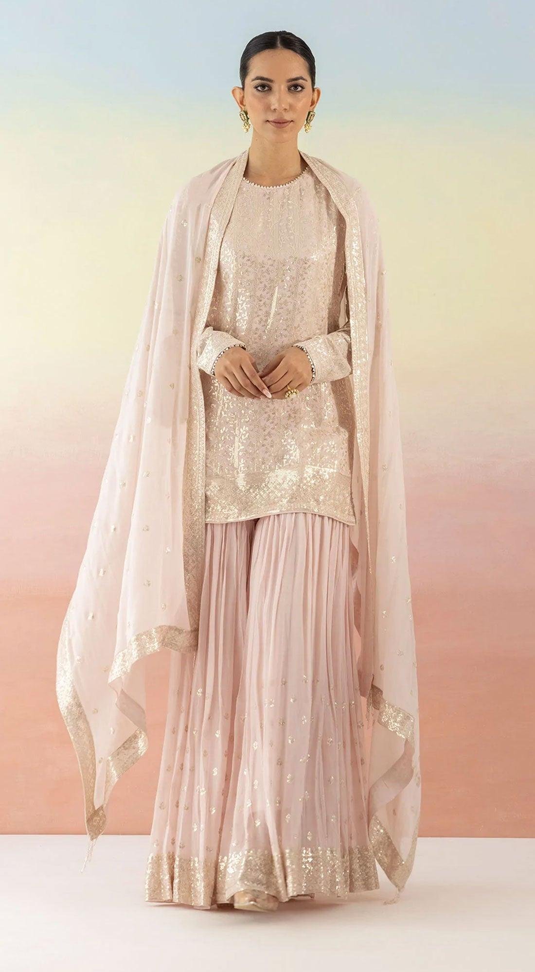 Pink Sequin Georgette Kurta Sharara Set With Dupatta