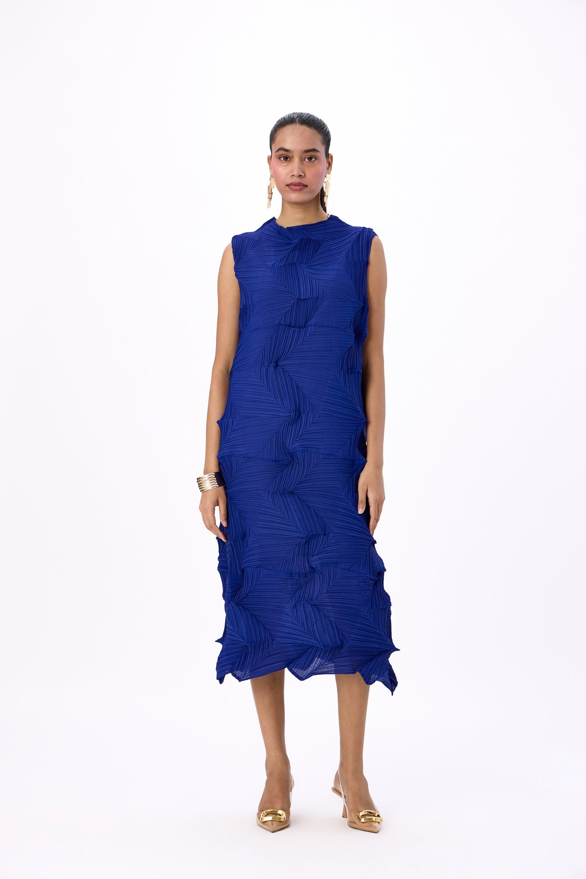 Deep Blue 3D Pleated Sleeveless Midi Shift Dress
