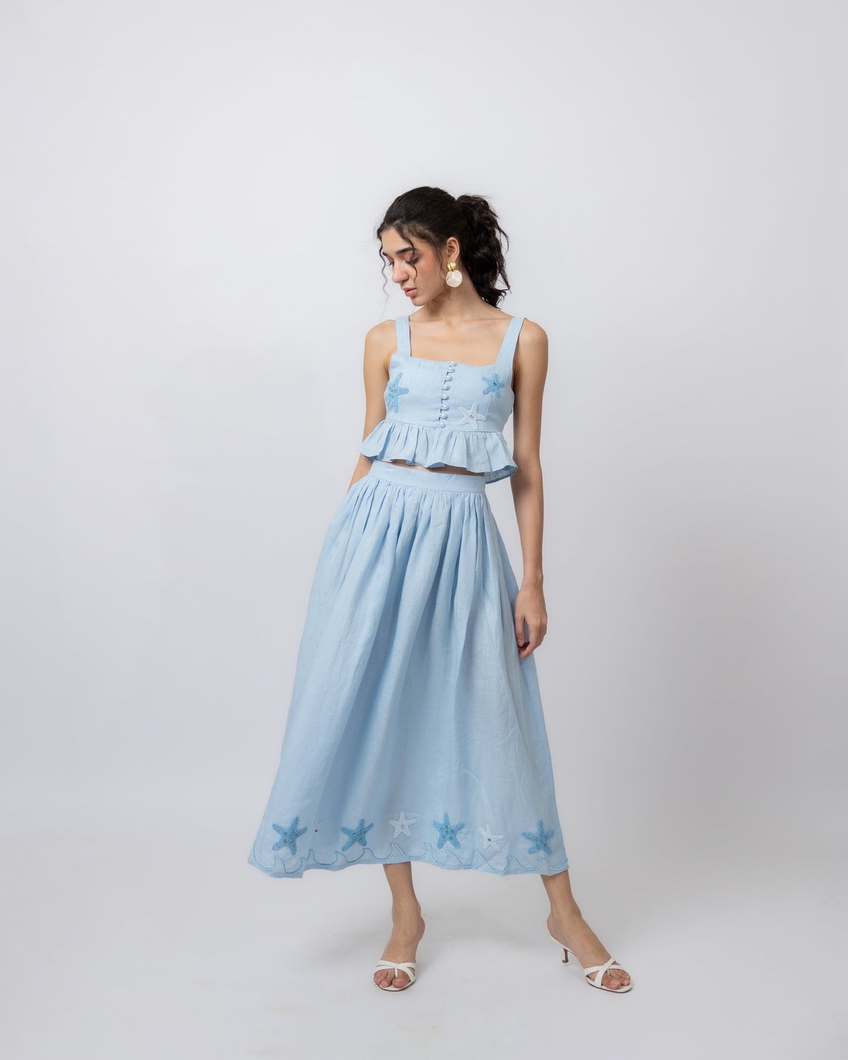 Pastel Blue Linen High-Waist Flared Midi Skirt