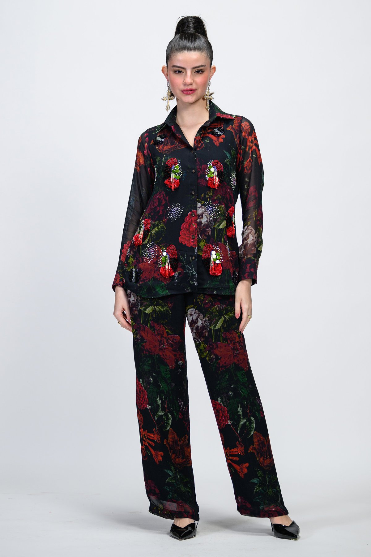 Black Floral Printed Shirt and Trousers Co-ord Set