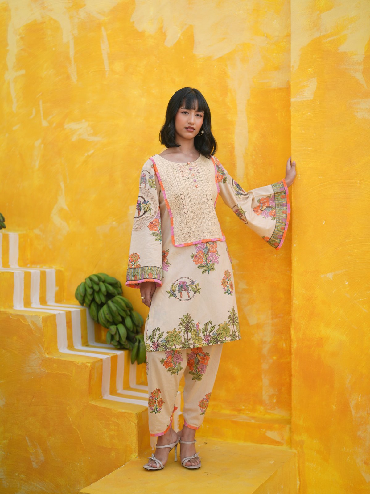 Coral Peach Tropical Print Kurta and Tulip Salwar Set