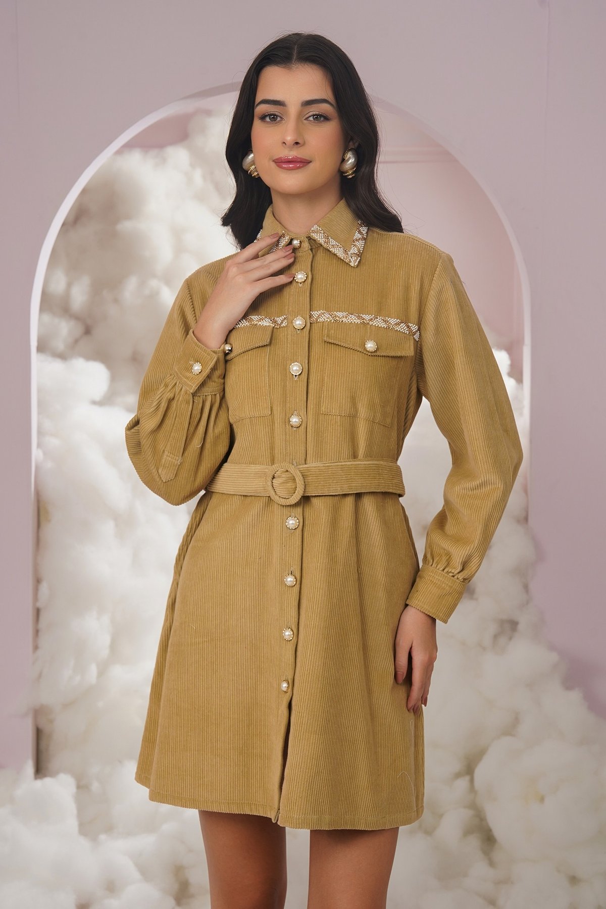 Beige Corduroy Belted Shirt Dress