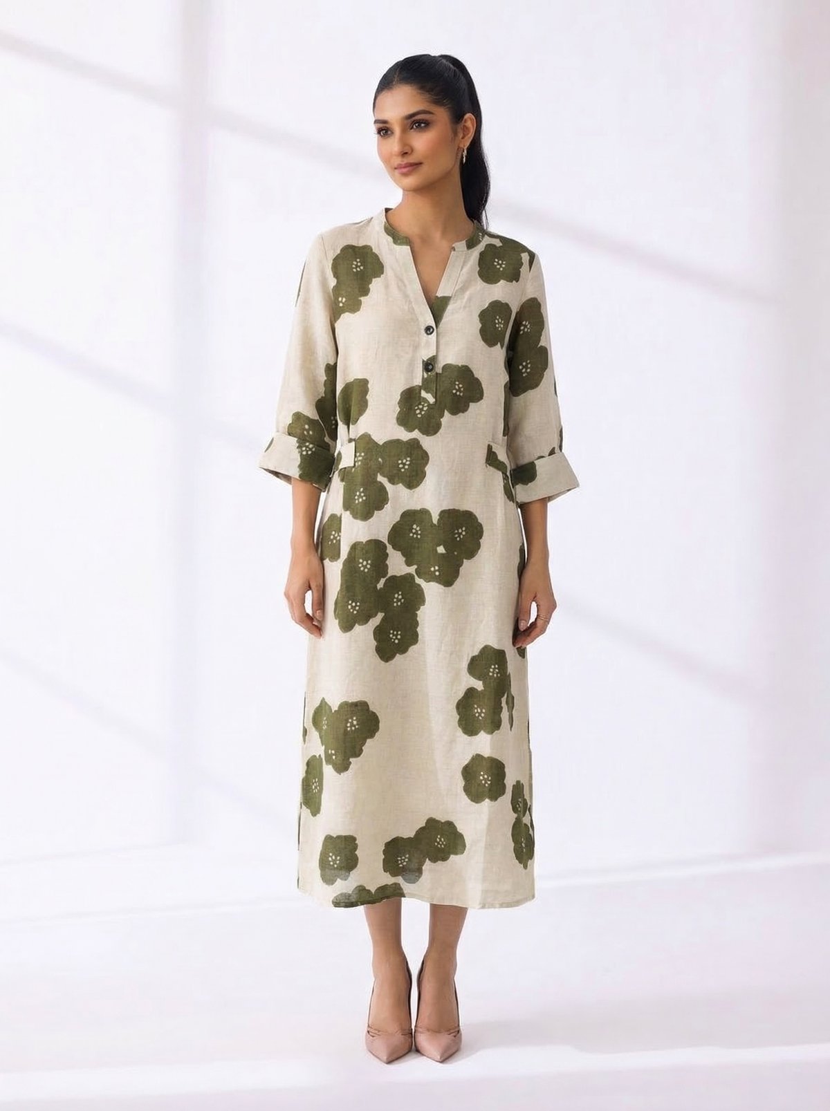 Green Poppy Floral Print Straight Midi Dress