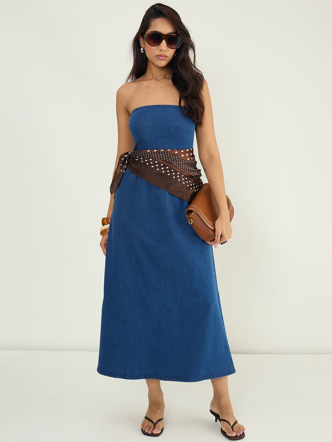 Blue Strapless Denim Maxi Dress