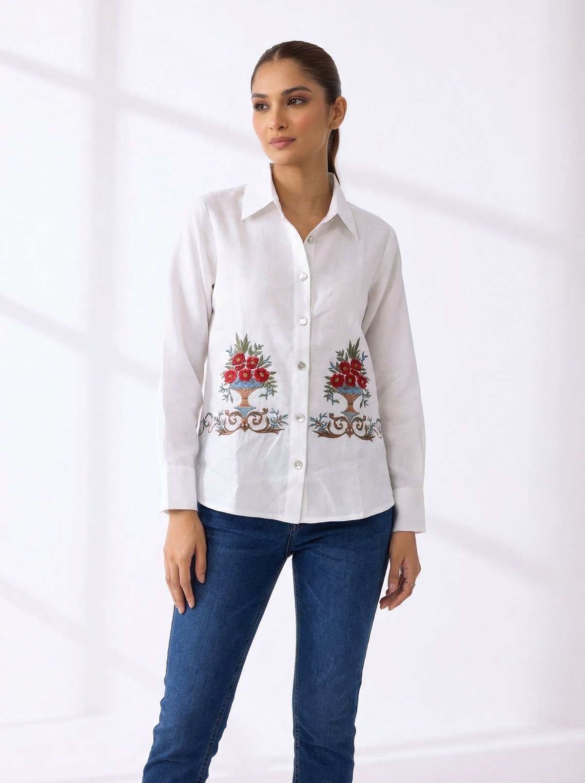 White Linen Embroidered Button-Down Shirt