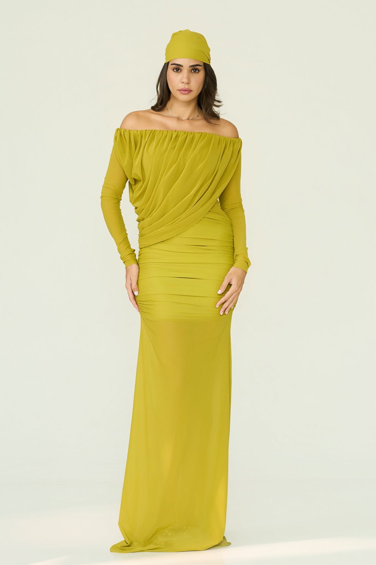 Green Off-Shoulder Ruched Maxi Gown