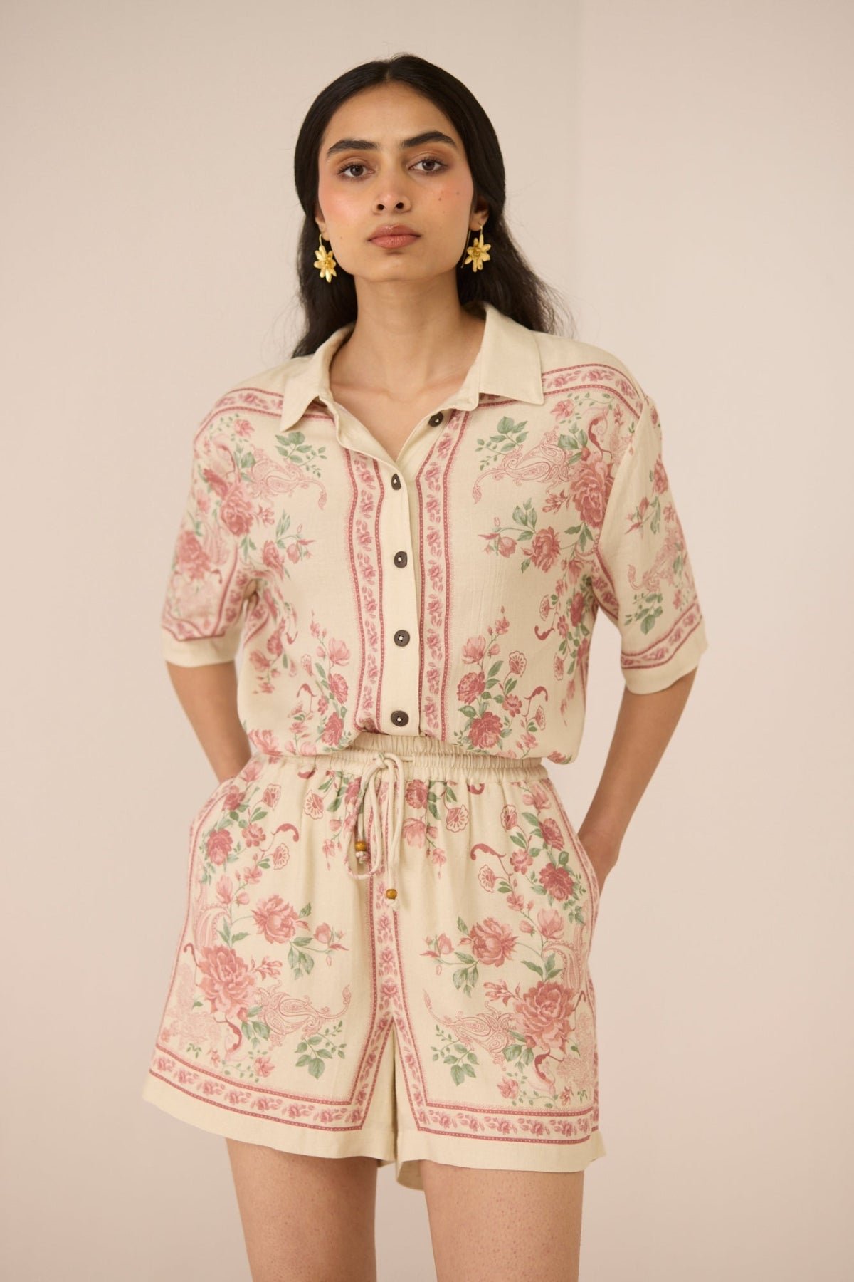 Azure Rose Floral Viscose Linen Relaxed Fit Shorts