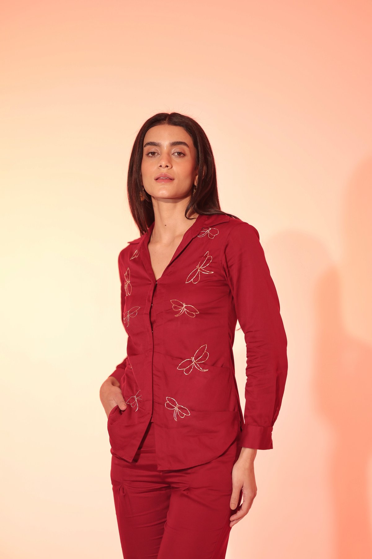 Burgundy Firefly Embroidered Shirt and Pants Co-Ord Set