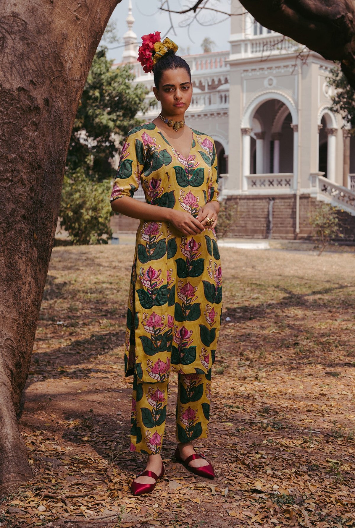 Yellow Gajji Silk Floral Printed Kurta Set