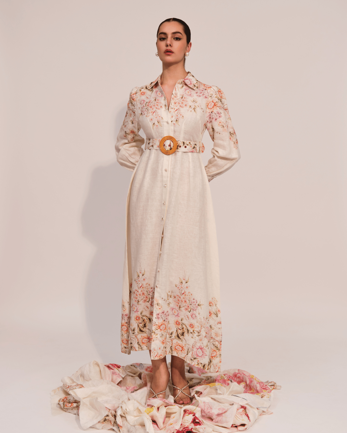 Apricot Floral Linen Belted Midi Shirt Dress