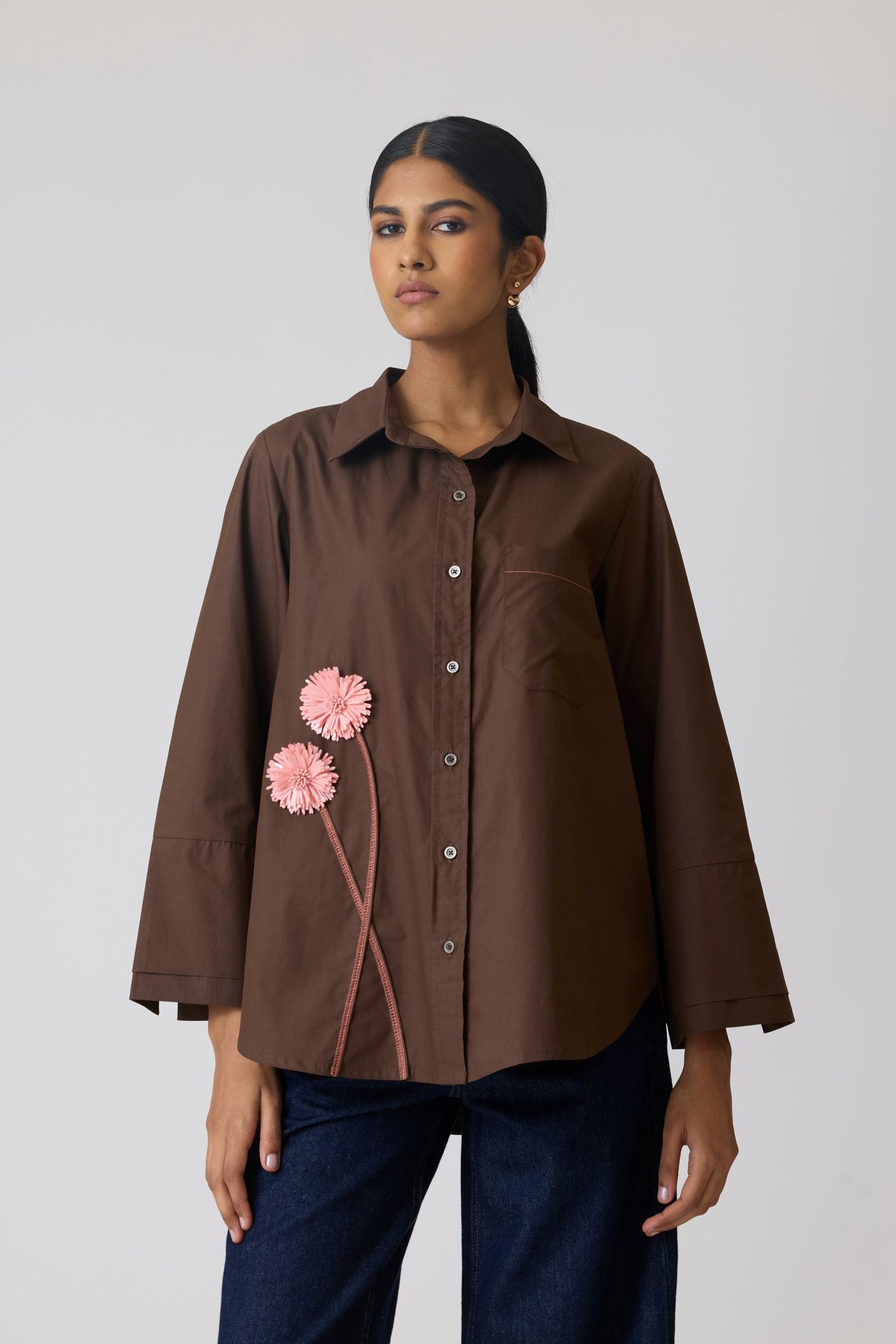 Espresso Brown 3D Floral Applique Cotton Poplin Shirt