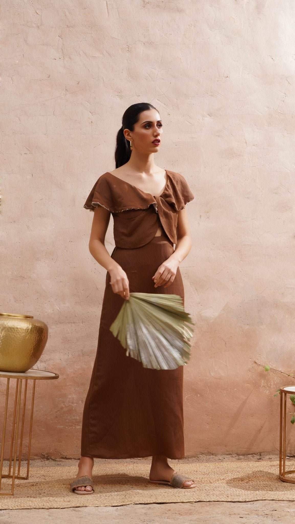Scalloped Embroidery Brown Long Dress