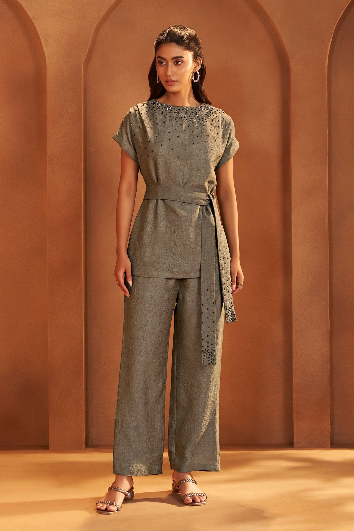 Grey Textured Embellished Neckline Co-ord Set