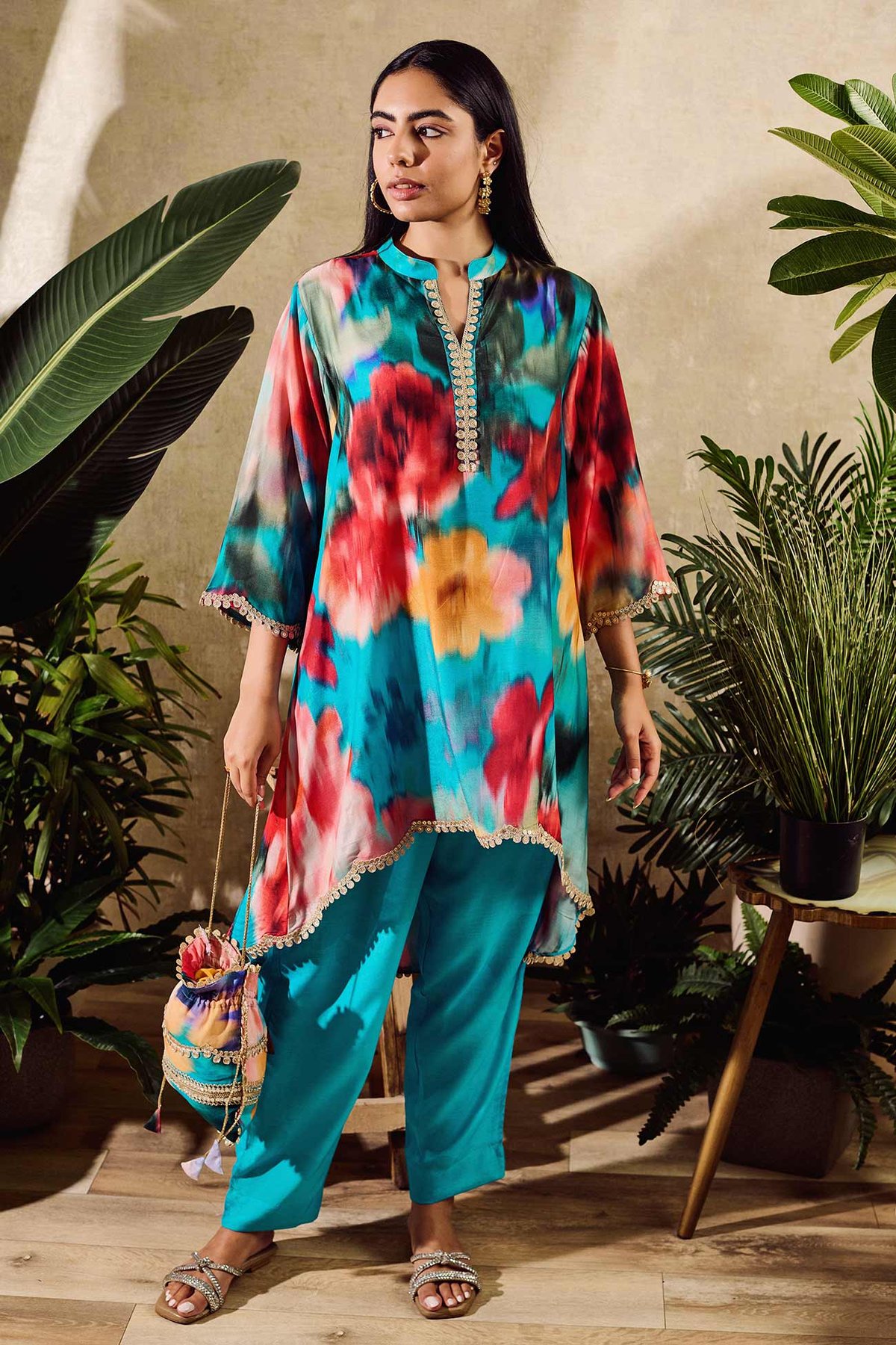 Cotton Silk Print Floral Mandarin Faded Kaftan And Pant Set