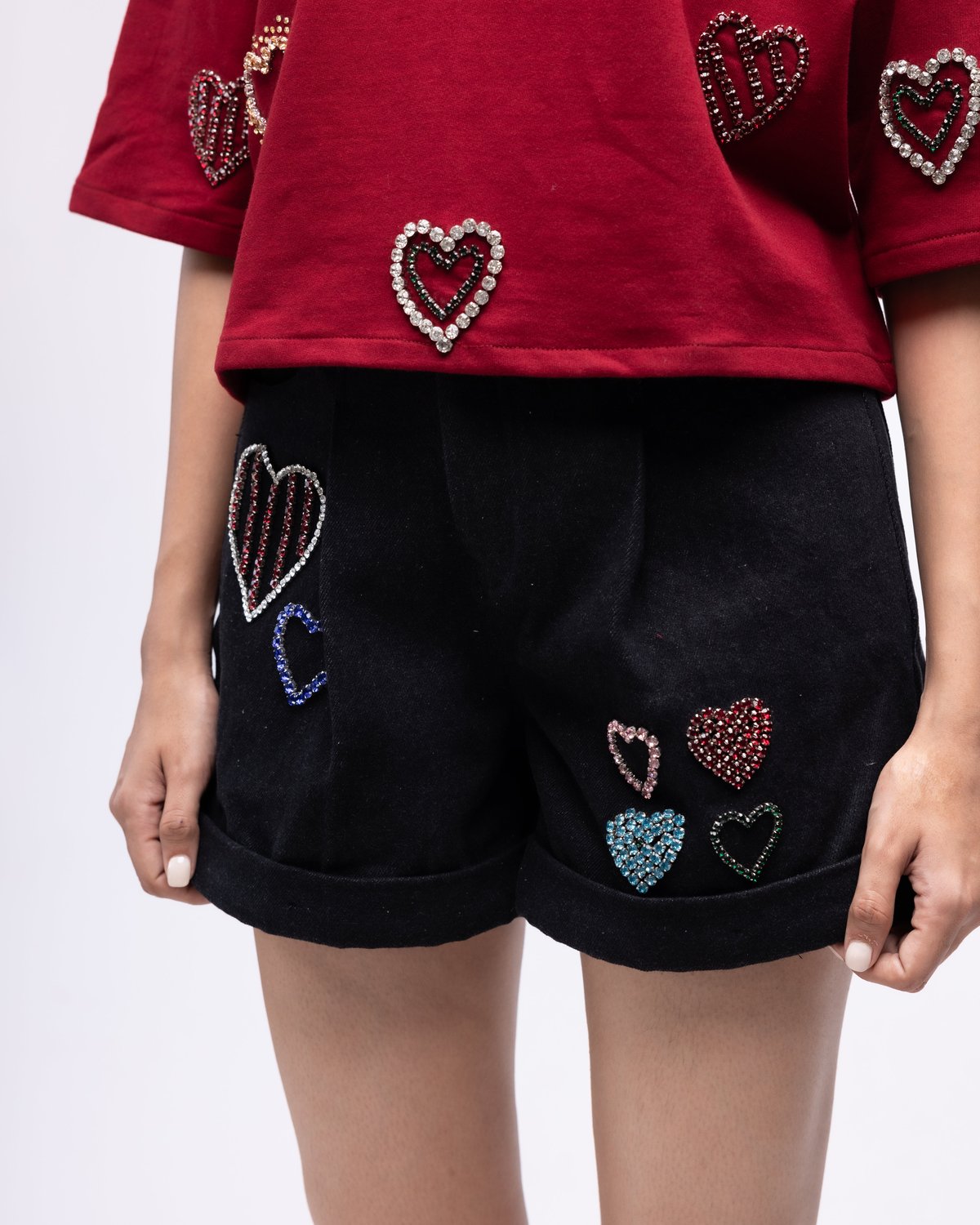 Black Denim High-Rise Shorts with Embellished Hearts