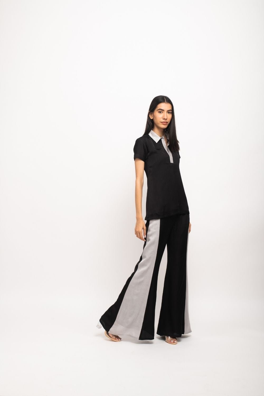 Black and Grey Colorblocked Co-ord Set with Flared Pants