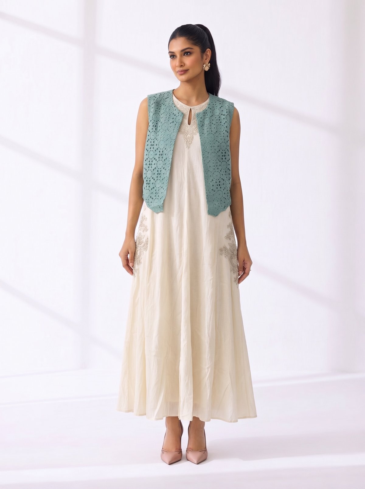 Ivory A-Line Maxi Dress Set with Mint Cutwork Jacket