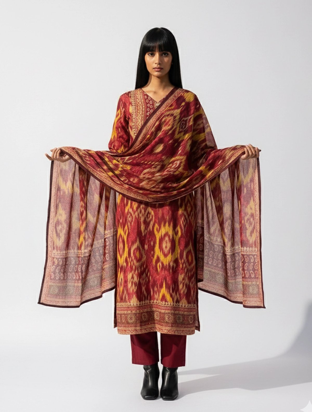 Red Ikat Print V-Neck Kurta Pant Dupatta Set