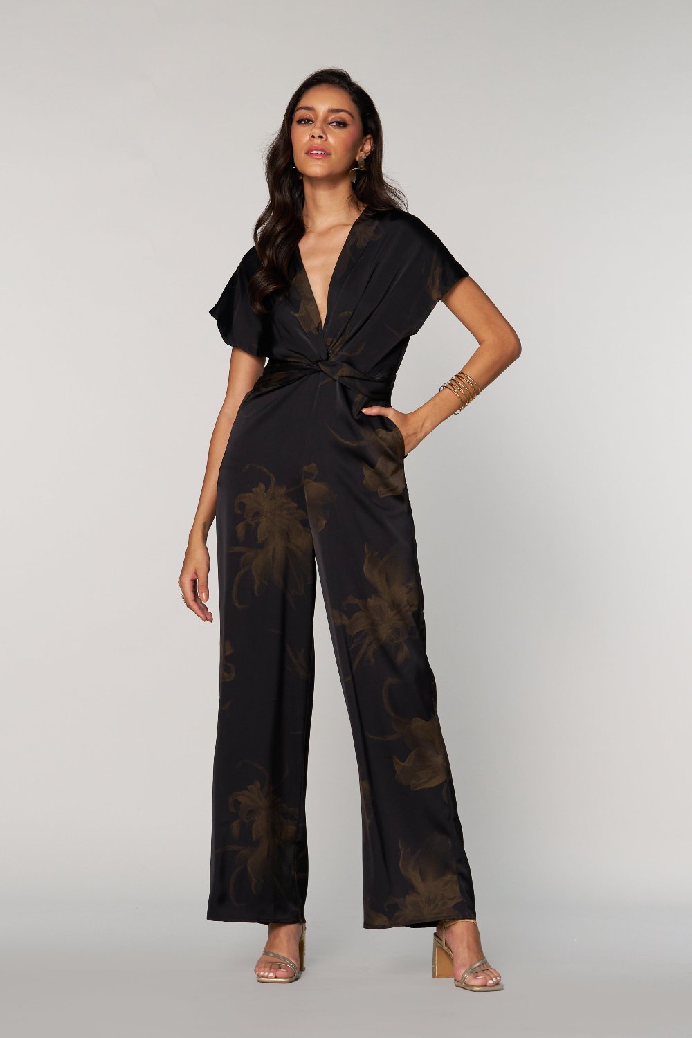 Black Satin Tonal Floral Wide-Leg Jumpsuit
