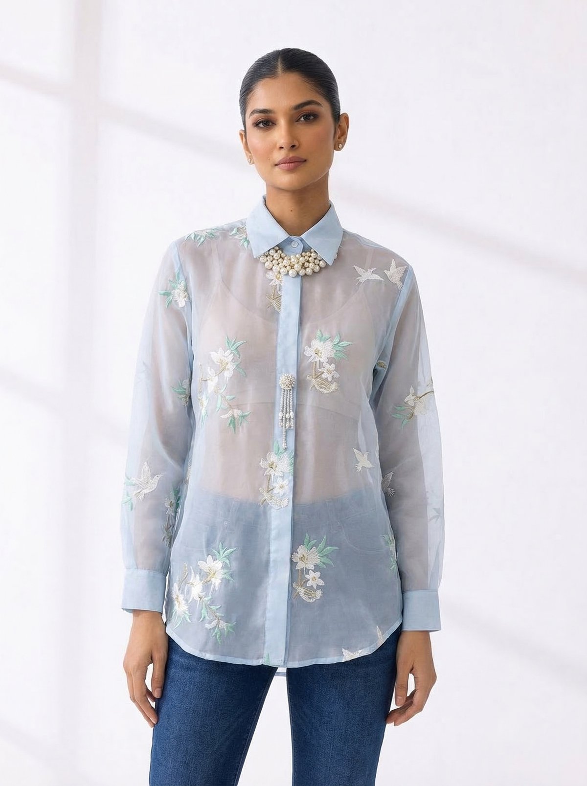 Sky Blue Organza Shirt With All Over Bird Flower