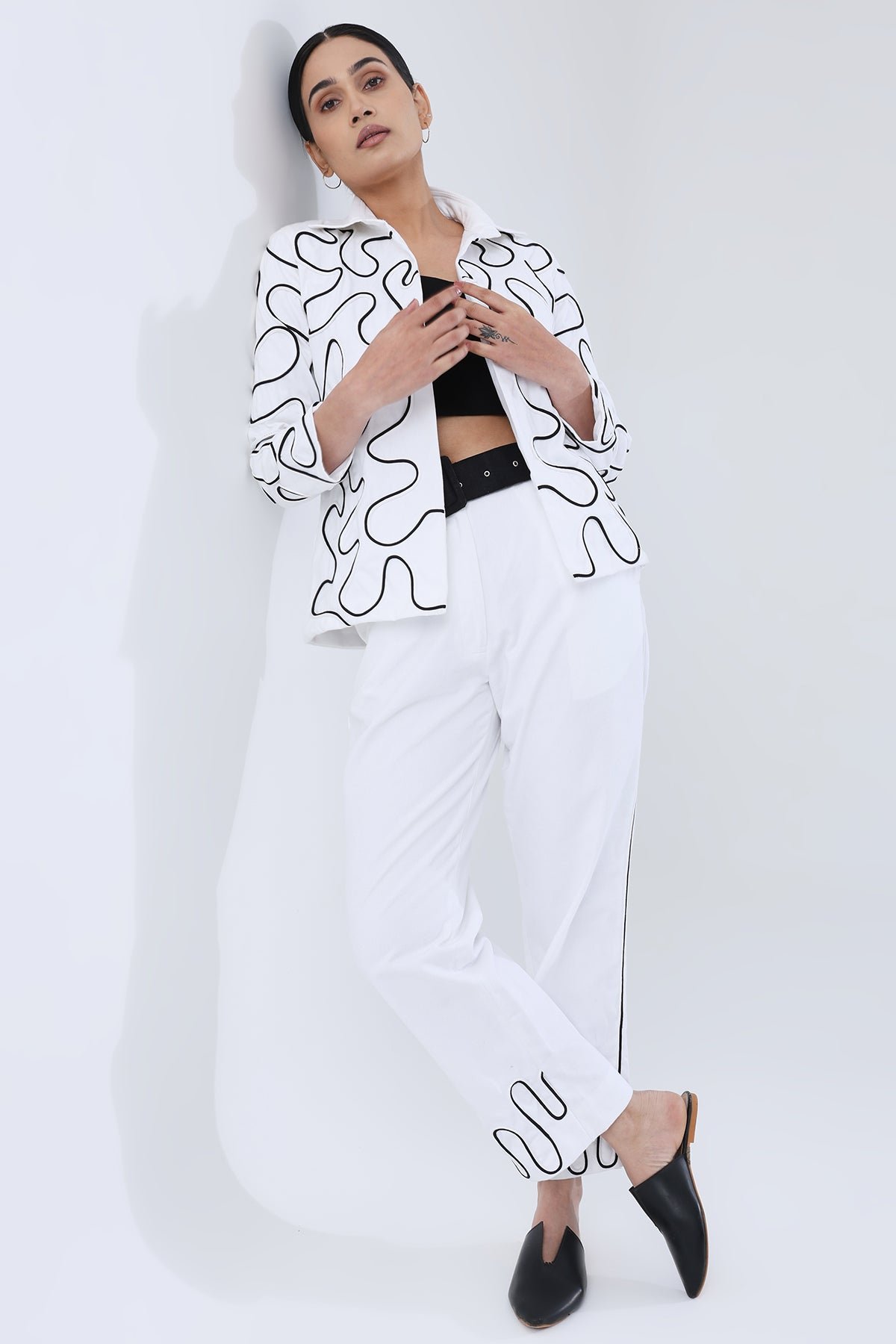 White Straight-Leg Cotton Twill Trousers with Dori Detail